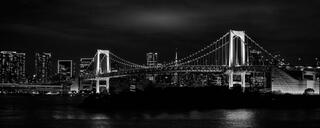 Black and white cityscape of Tokyo at night, with a softly lit suspension bridge spanning calm water and a quiet skyline beyond.