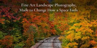 Fine Art Landscape Photography, Made to Change How a Space Feels. A railroad curving through peak autumn foliage in red, orange, and gold, Crawford Notch, NH