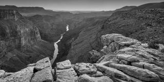 A weathered sandstone formation resembling a serpent's head at the rim above the Colorado River in the inner gorge, black and white, Toroweap Overlook.