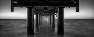 The underside of Urangan Pier at Hervey Bay, Queensland, two rows of pylons receding over smooth water, in black and white.
