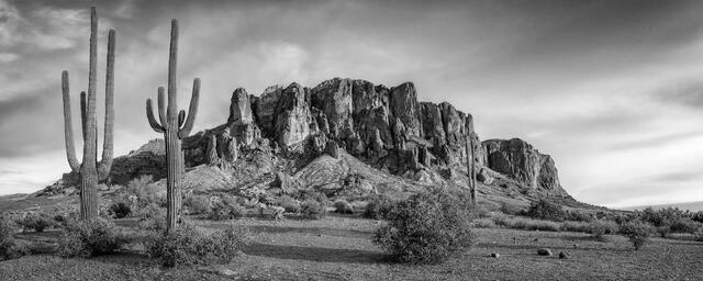 Black and white fine art landscape photograph of the Superstition Mountains rising from the Sonoran Desert floor with saguaro cactus in the foreground, AJ, AZ