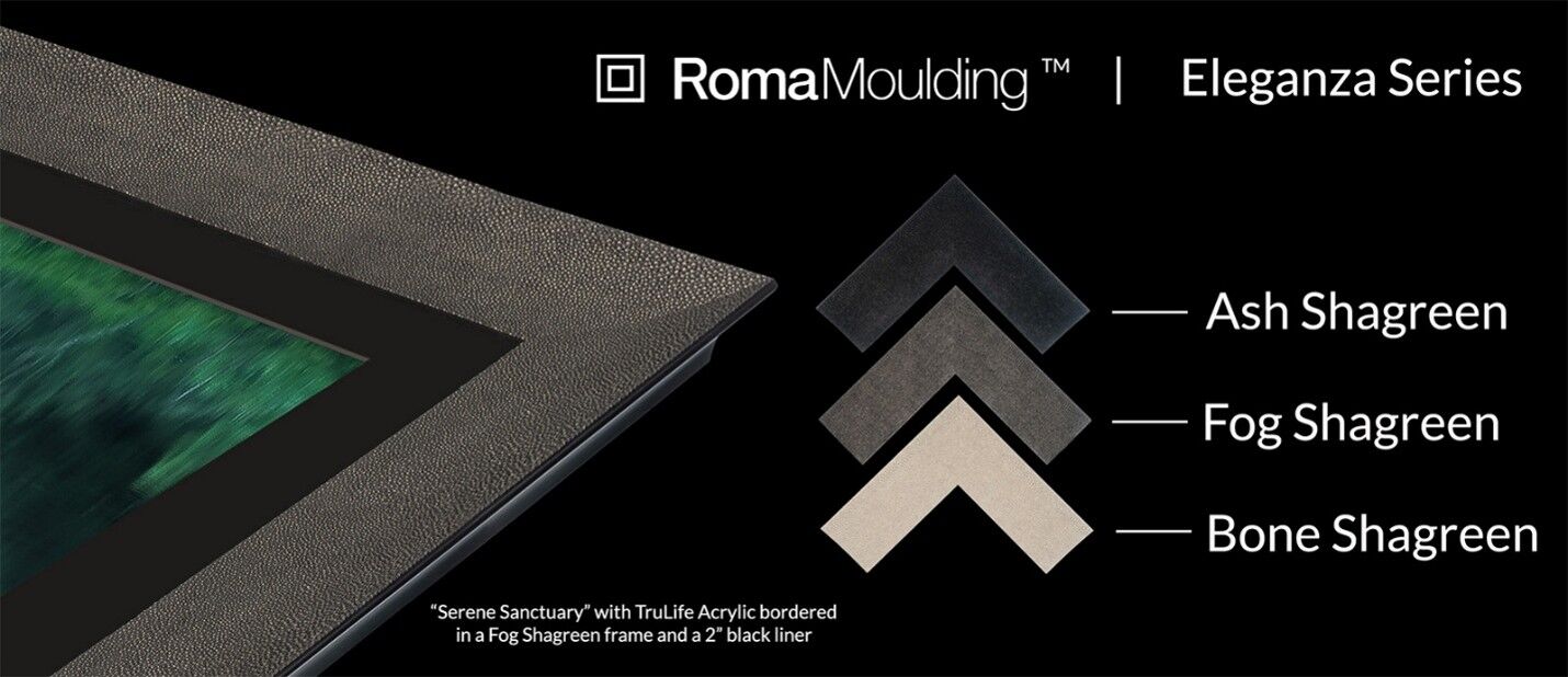 ROMA Eleganza Series frame corner in Fog Shagreen with a black liner, shown with the three available finishes: Ash Shagreen, Fog Shagreen, and Bone Shagreen.