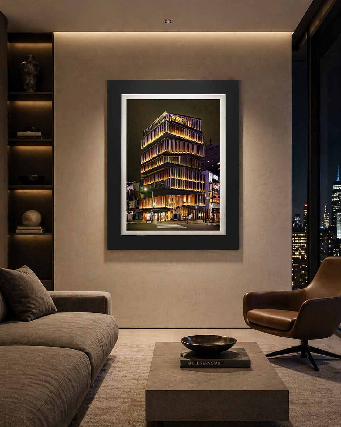 Kengo Kuma's cedar-clad tower lit at night in Asakusa, framed in black with a white linen liner in a warm sitting room