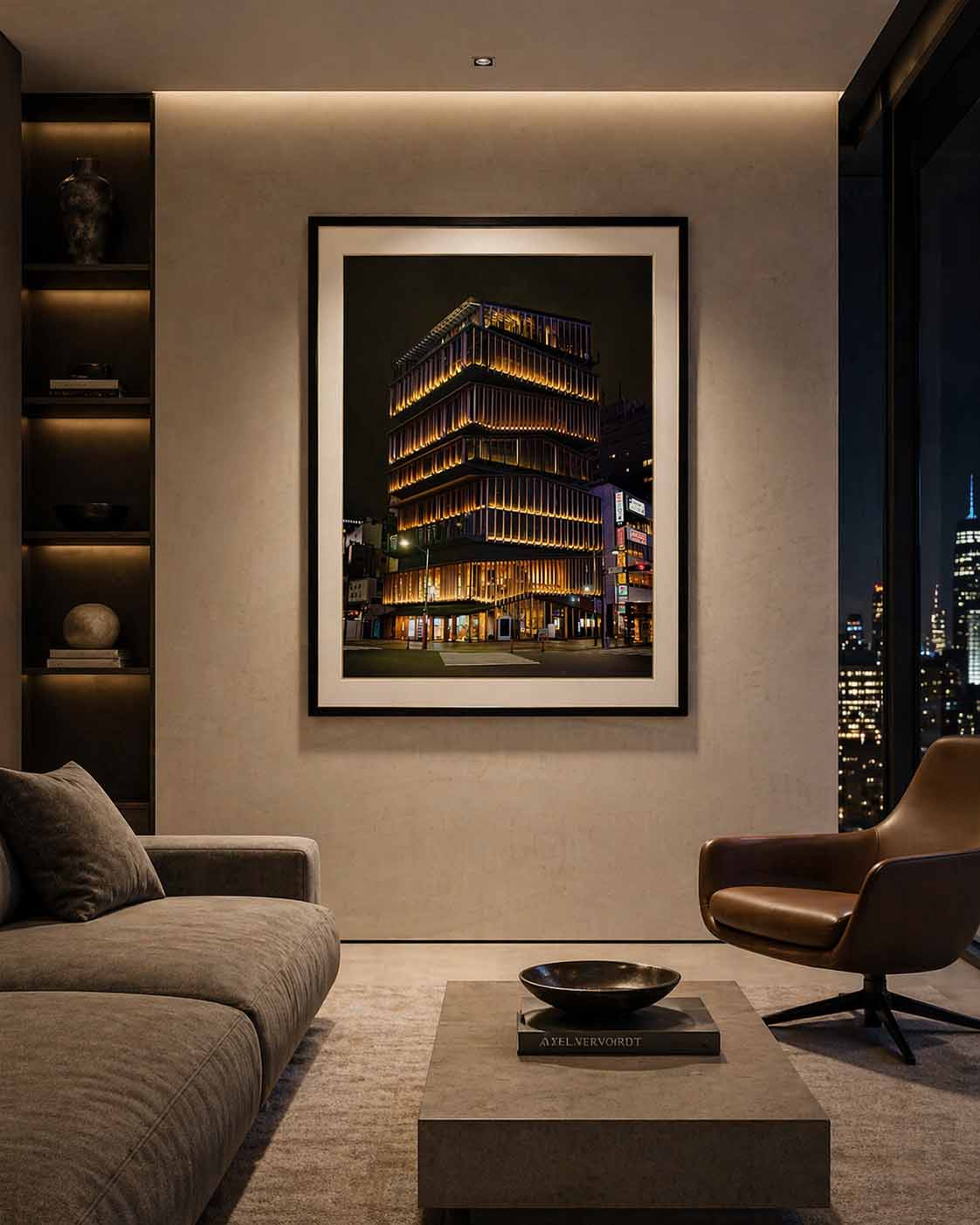 Framed print of After Dusk, Kengo Kuma's glowing Asakusa building at night, hanging in a black frame above a gray sofa in a warm, dimly lit modern living room.