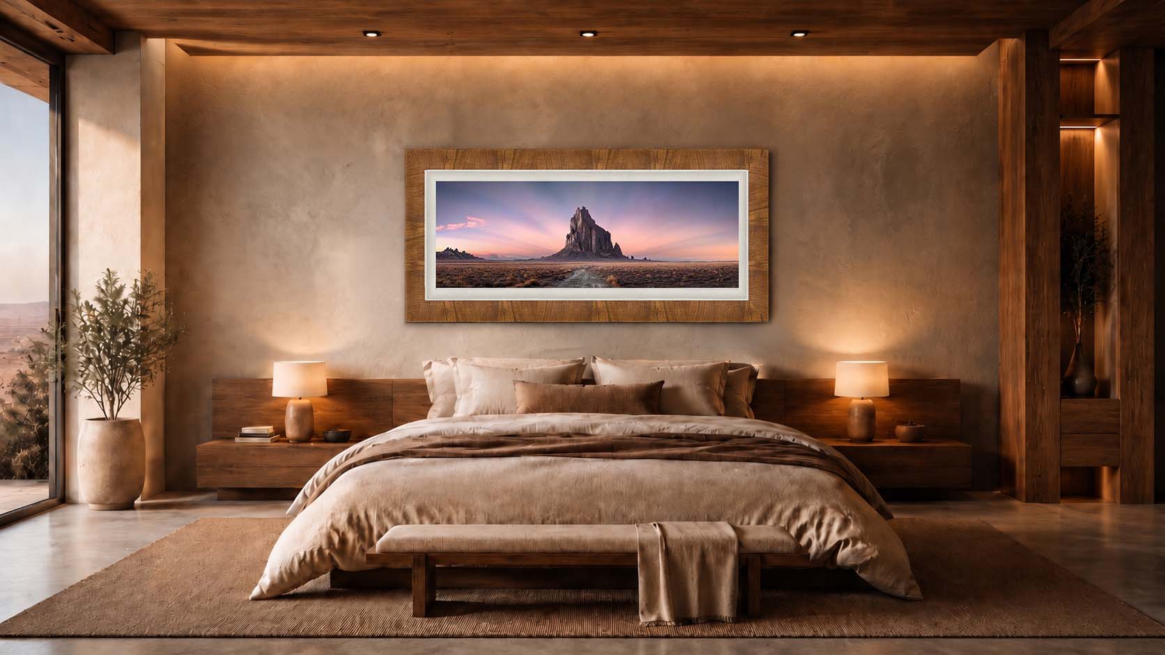 Ascension in a Collector's Choice frame with a white linen liner, hanging above a bed in a warmly lit bedroom.