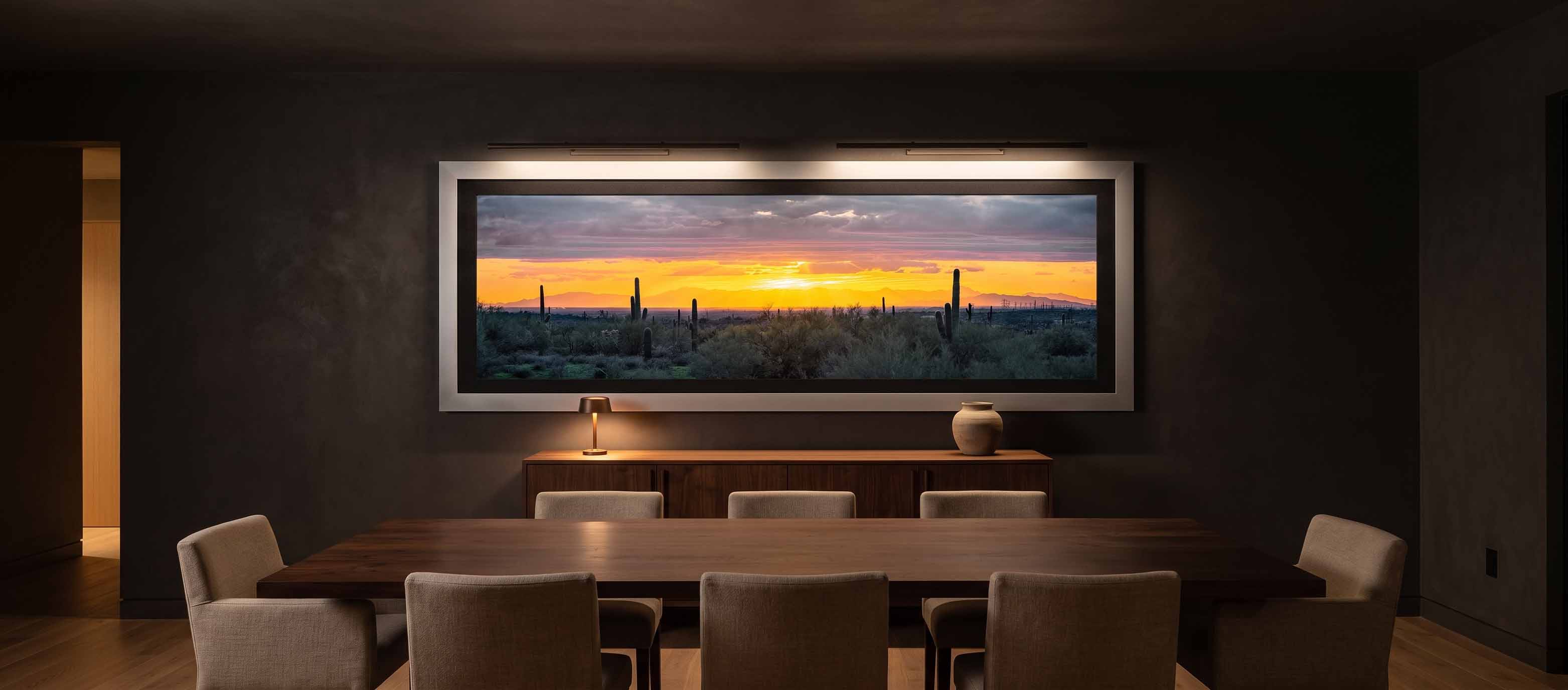 Descent from Heaven displayed above a walnut credenza in a dark charcoal dining room, framed in Roma Elite Carbon Gray with a black linen liner