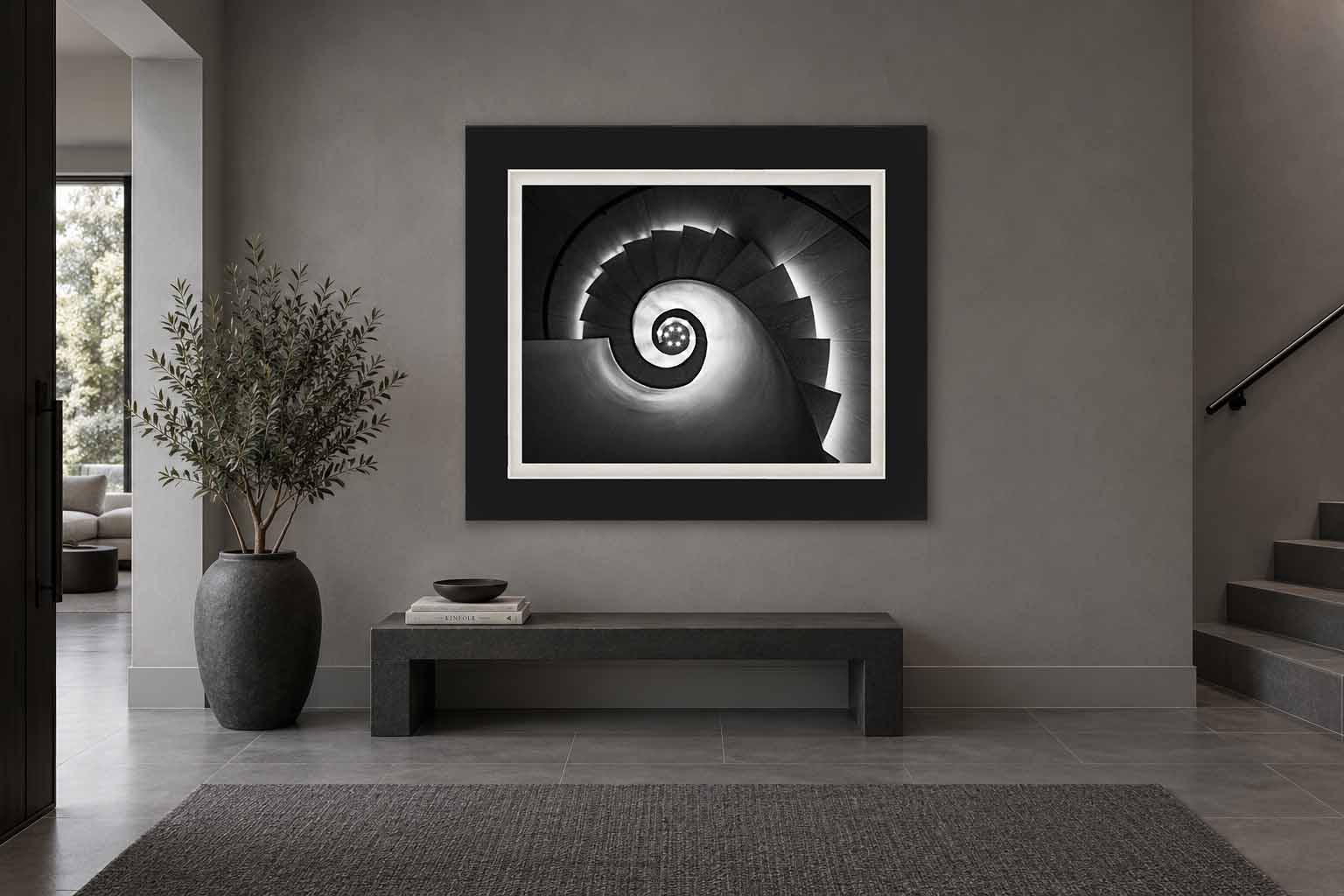 A helical staircase seen from above in black and white, framed in black with a white liner in a stair hall