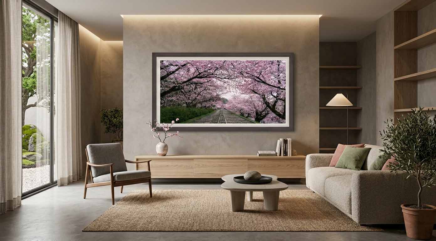 Railway tracks receding under blossoming cherry trees at Keage Incline, Kyoto, framed in dark gray-brown wood with a white linen liner in a quiet living room.
