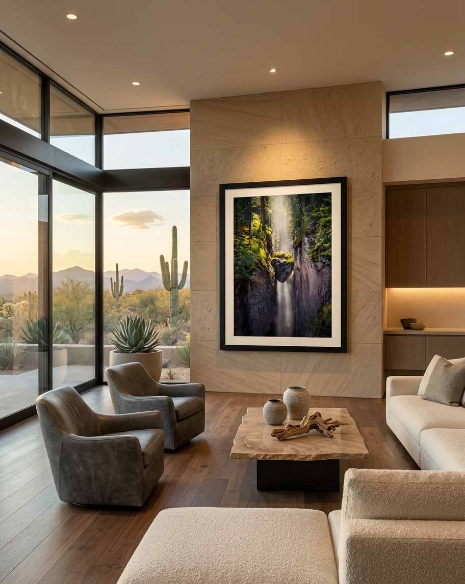 A large framed print of a canyon waterfall hanging on a stone wall in a modern desert home, with leather chairs, a live-edge table, and saguaros visible through floor-to-ceiling windows.