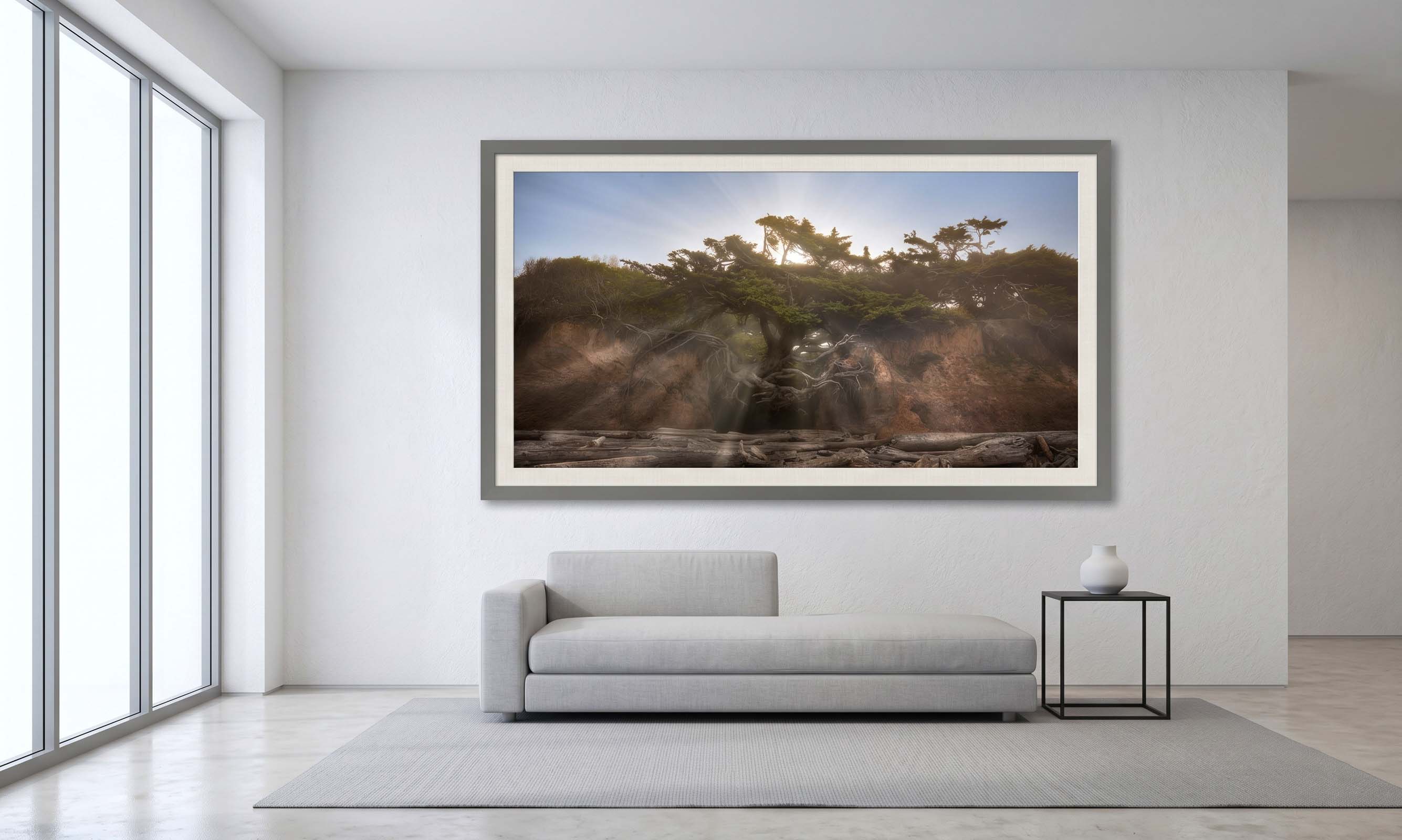 Holding On in a Collector's Choice frame with a white linen liner, hanging above a pale sofa in a bright modern living room.