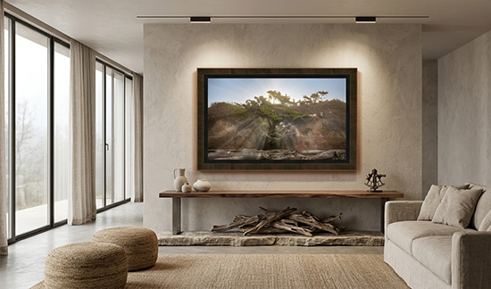 A framed panoramic print of the Kalaloch Tree of Life hanging in a modern living room above a live-edge wood console, with driftwood in a hearth niche and large windows nearby.