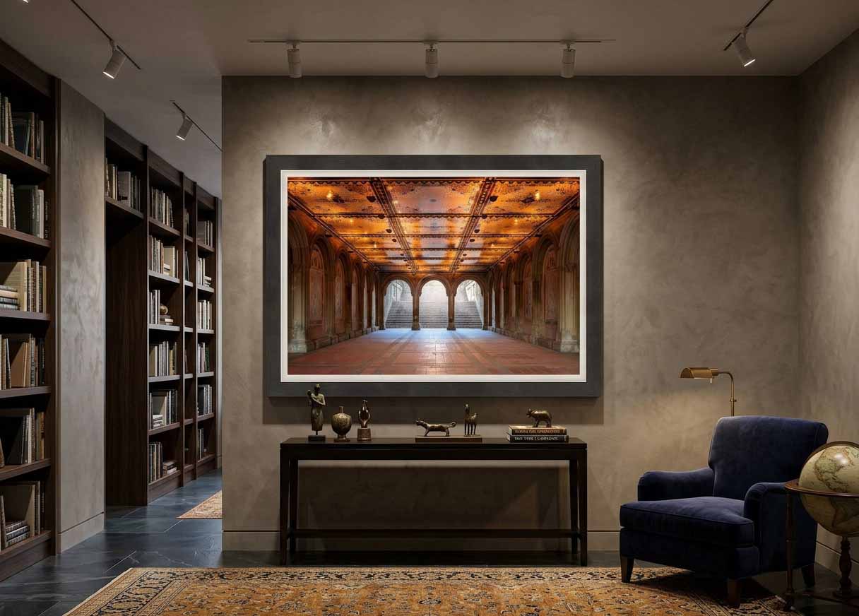 The Minton tile arcade at Bethesda Terrace looking south to the granite stairs, framed in charcoal black with a white linen liner above a console table in a gray sitting room