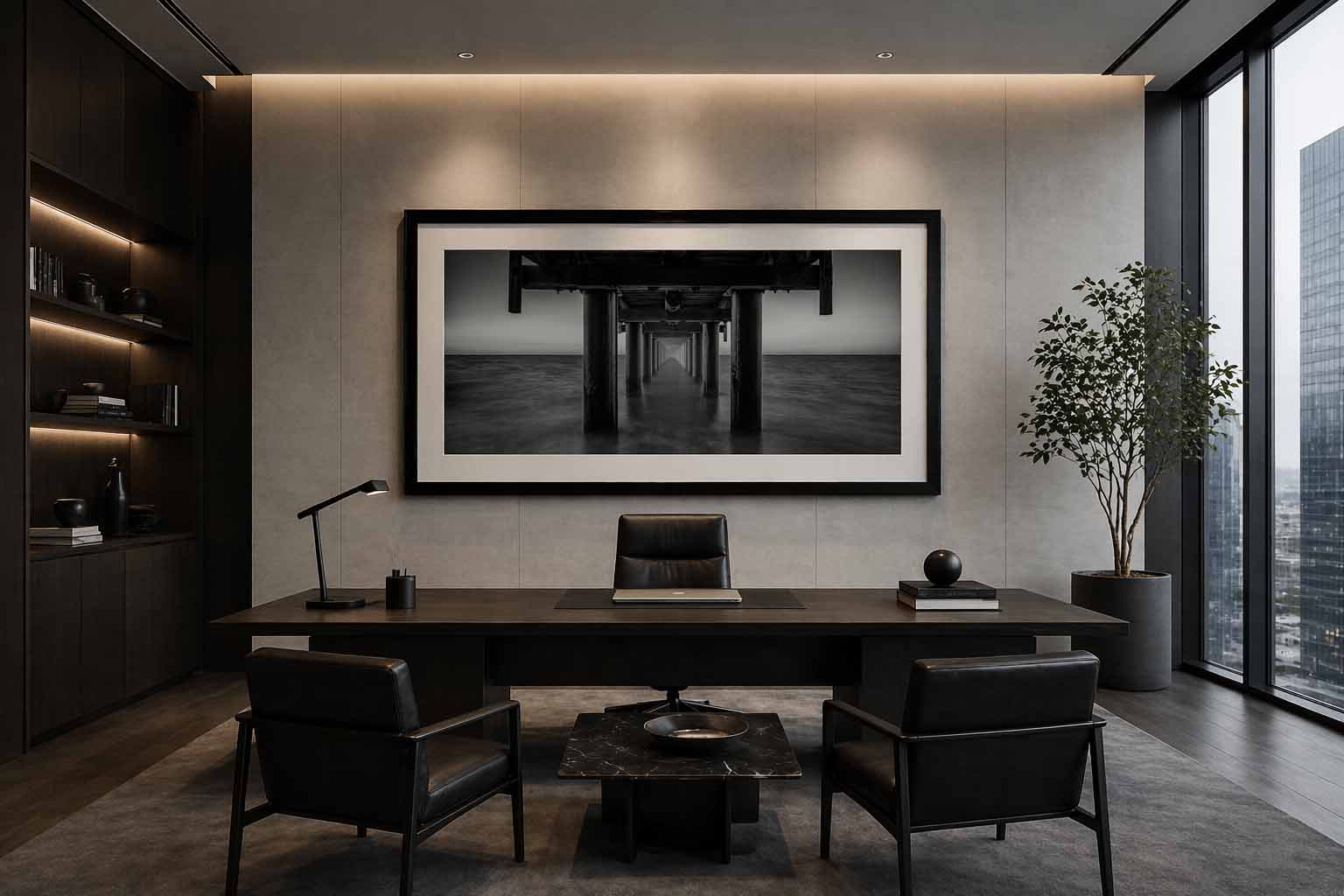 A large framed black-and-white panoramic print of the underside of a pier hanging in a dark modern office above a wooden desk, with a potted tree and city windows