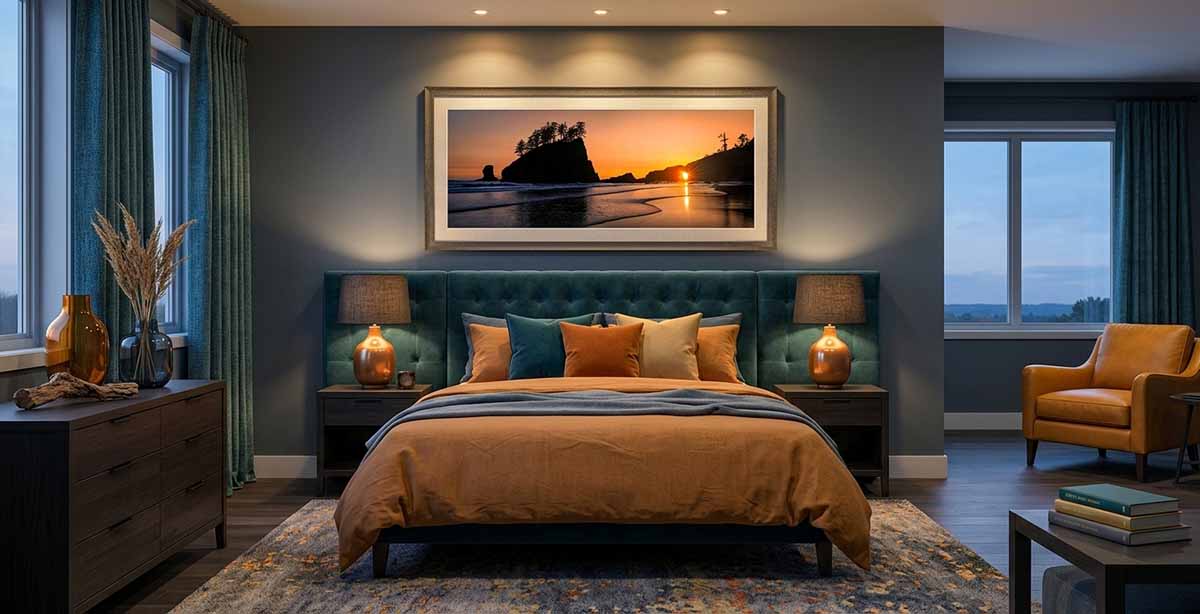 Last Glow at 30 by 75 inches in a Collector's Choice frame, hanging above a tufted headboard in a bedroom at dusk.