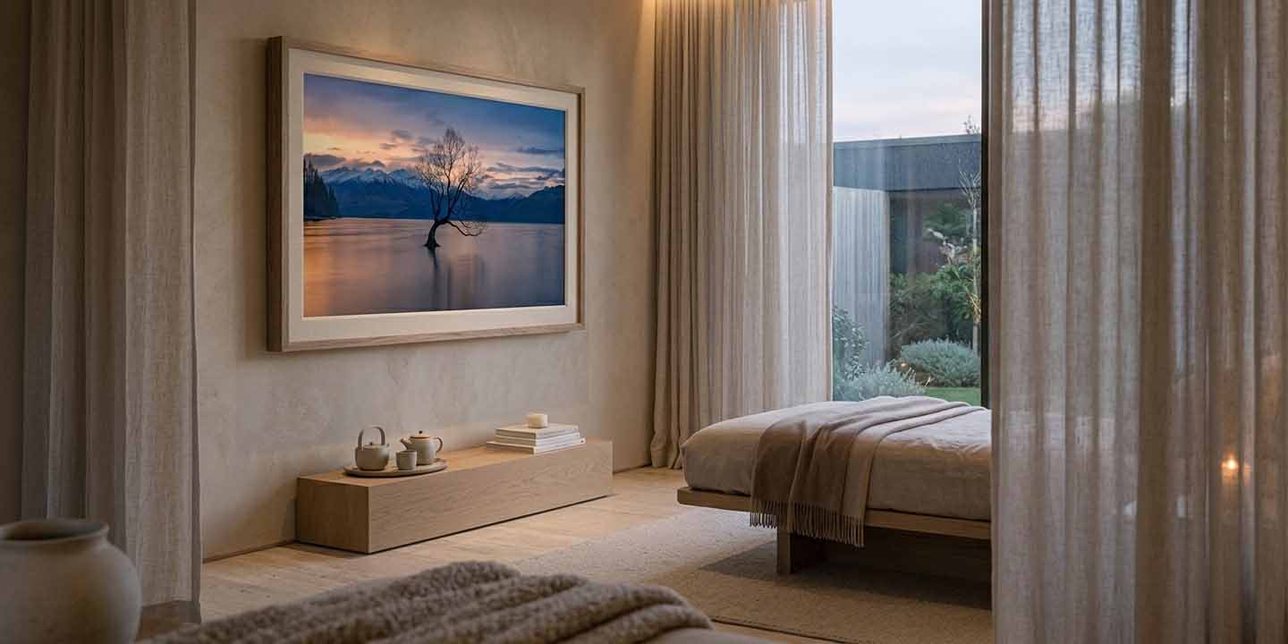 Lone Willow at 30 by 60 inches in a Collector's Choice frame with a linen liner, hanging above a low oak console in a bedroom at dusk.