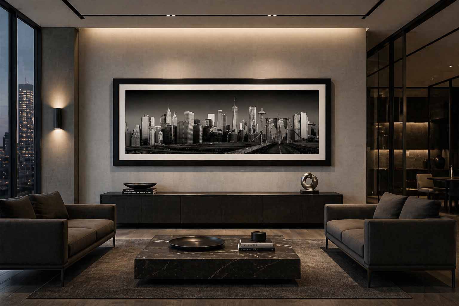 The Manhattan skyline from the Brooklyn Bridge promenade in black and white, framed in satin black with a white linen liner in a dark living room