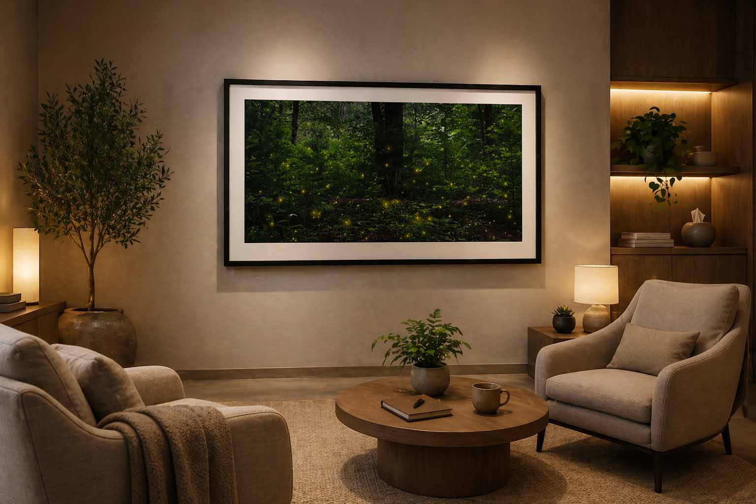 Fireflies in a summer forest at dusk in the Great Smoky Mountains, framed in black with a white liner above a low table in a warm sitting room