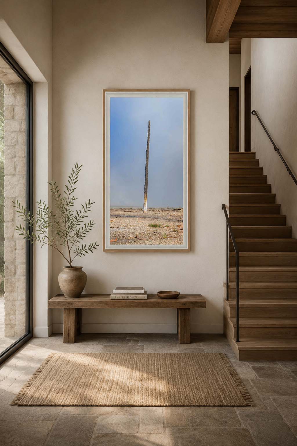 One shown as a framed print above a console at the top of a stairwell, in a pale wood moulding with a white liner
