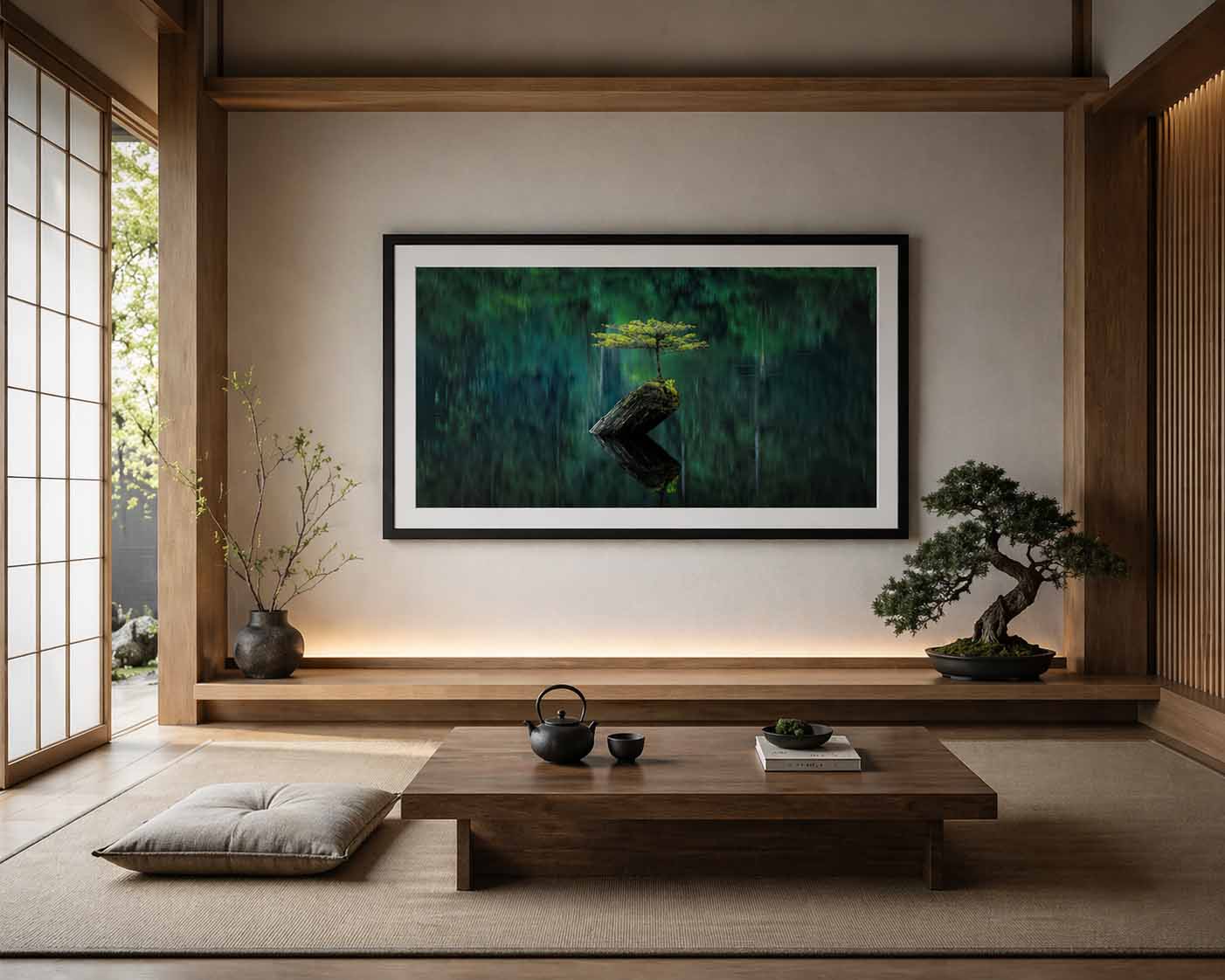 A framed panoramic print of the Fairy Lake bonsai tree hanging in a Japanese-style room above a low wooden table with a tea set, beside a live bonsai and shoji screens.