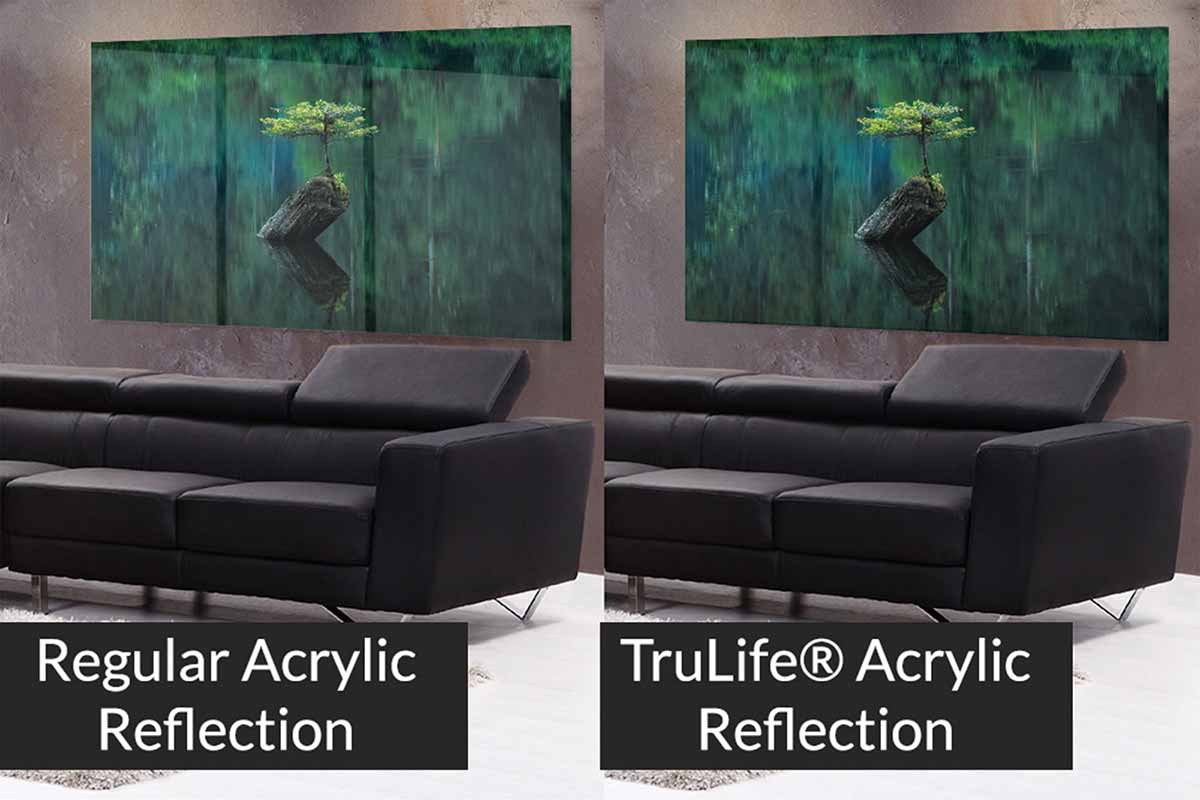 The same framed print photographed twice in the same room, showing heavy window reflection on regular acrylic and almost none on TruLife acrylic.