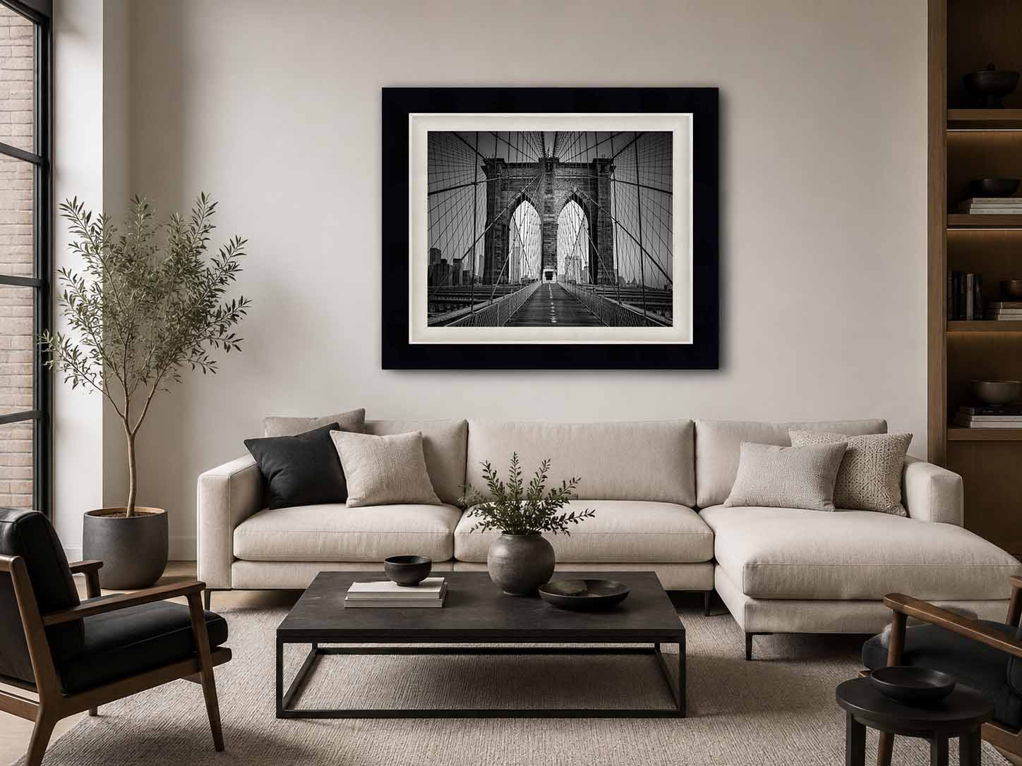 Roebling's Cathedral shown as a framed print in a loft apartment, in a satin black moulding with a white linen liner