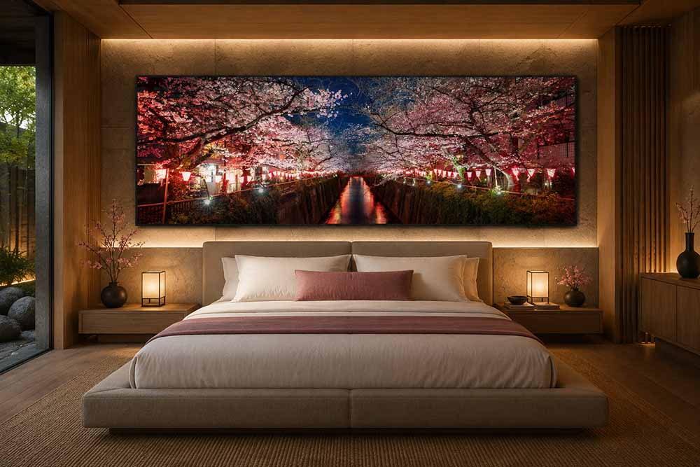 The Sakura Reverie panorama at 30 by 90 inches, hanging above a low platform bed in a warmly lit bedroom.