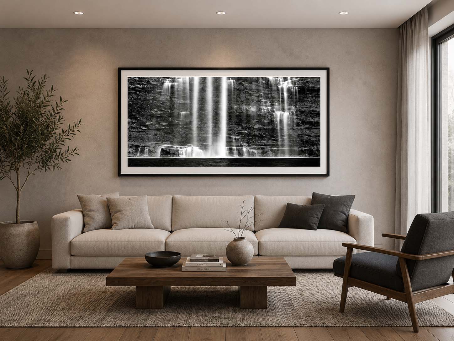 The Weeping Wall shown as a framed black and white print above a sofa in a plaster and oak living room, in a black moulding with a white linen liner