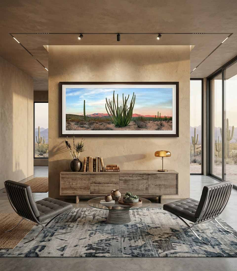 An organ pipe cactus at dusk in southwestern Arizona, framed in dark wood with a white liner above a sideboard in a warm desert room